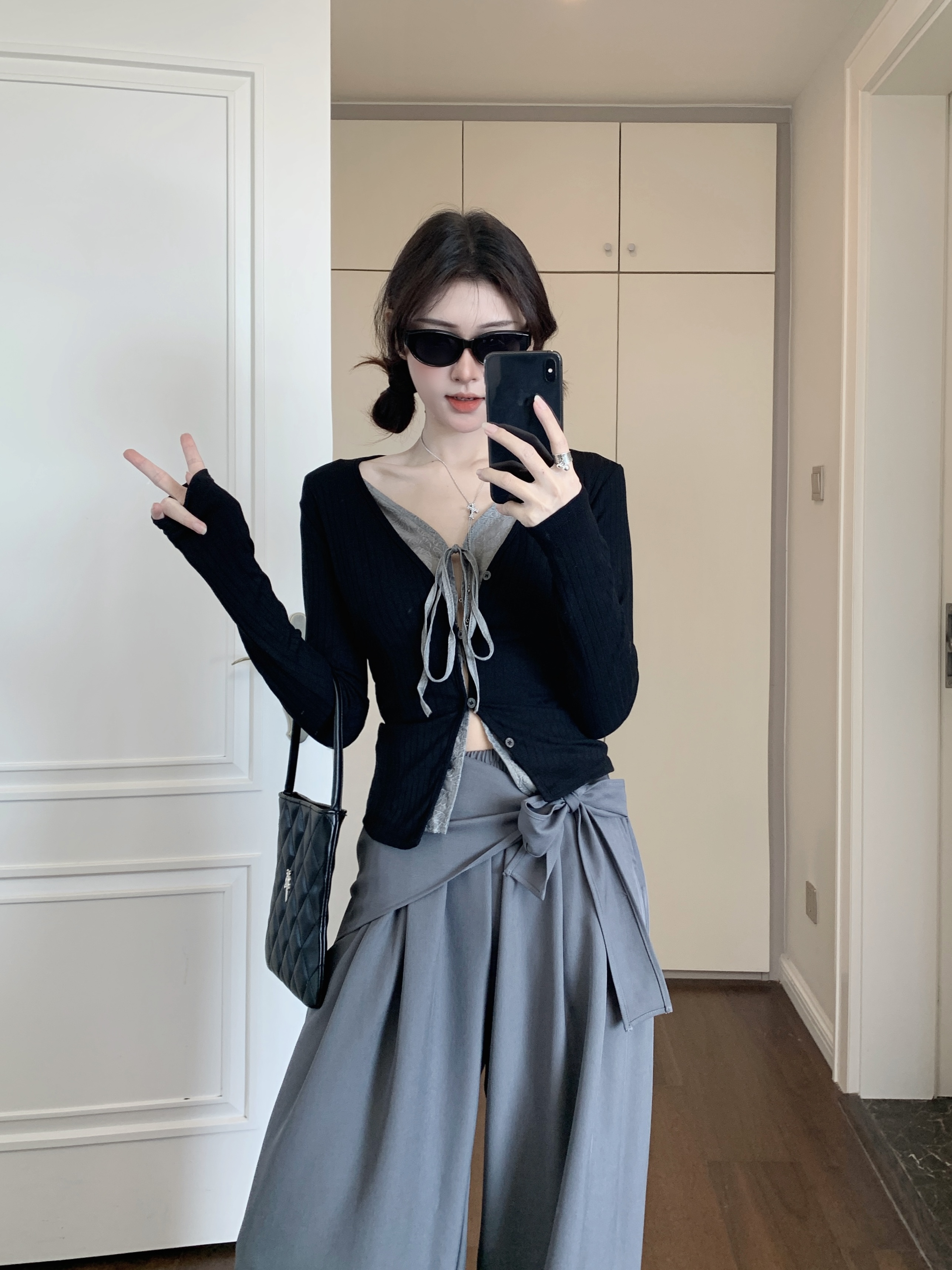 ~Autumn Korean Style Spicy Girl Two-Piece Color Block Knit Top + Elastic Waist Straight Wide Leg Pants