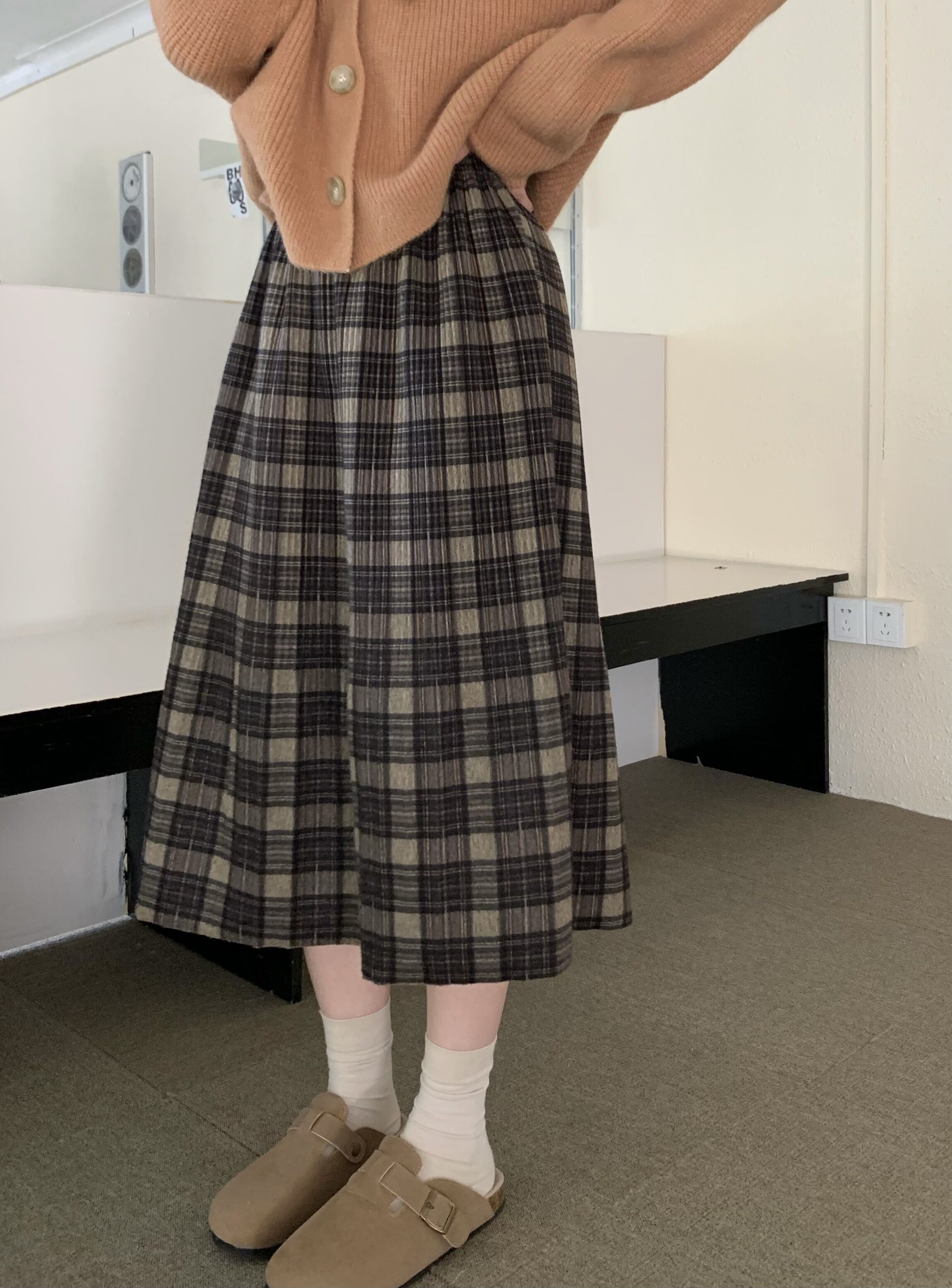 Actual shot 2024~Thick woolen plaid pleated skirt mid-length A-line pleated skirt