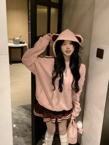 Real shot~Sweet and lazy style loose and slim long-sleeved hooded sweatshirt + short skirt suit