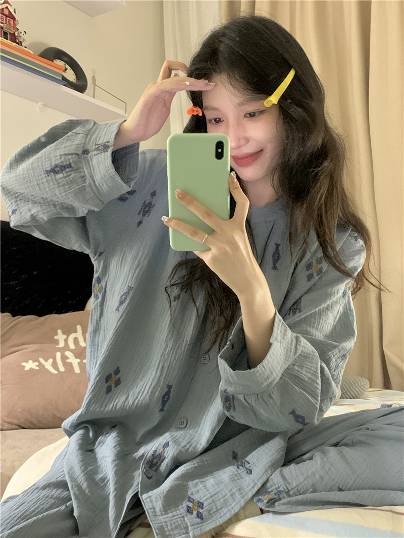 Actual shoot Korean style soft cotton double gauze loose comfortable casual retro minimalist autumn outerwear long-sleeved home wear set