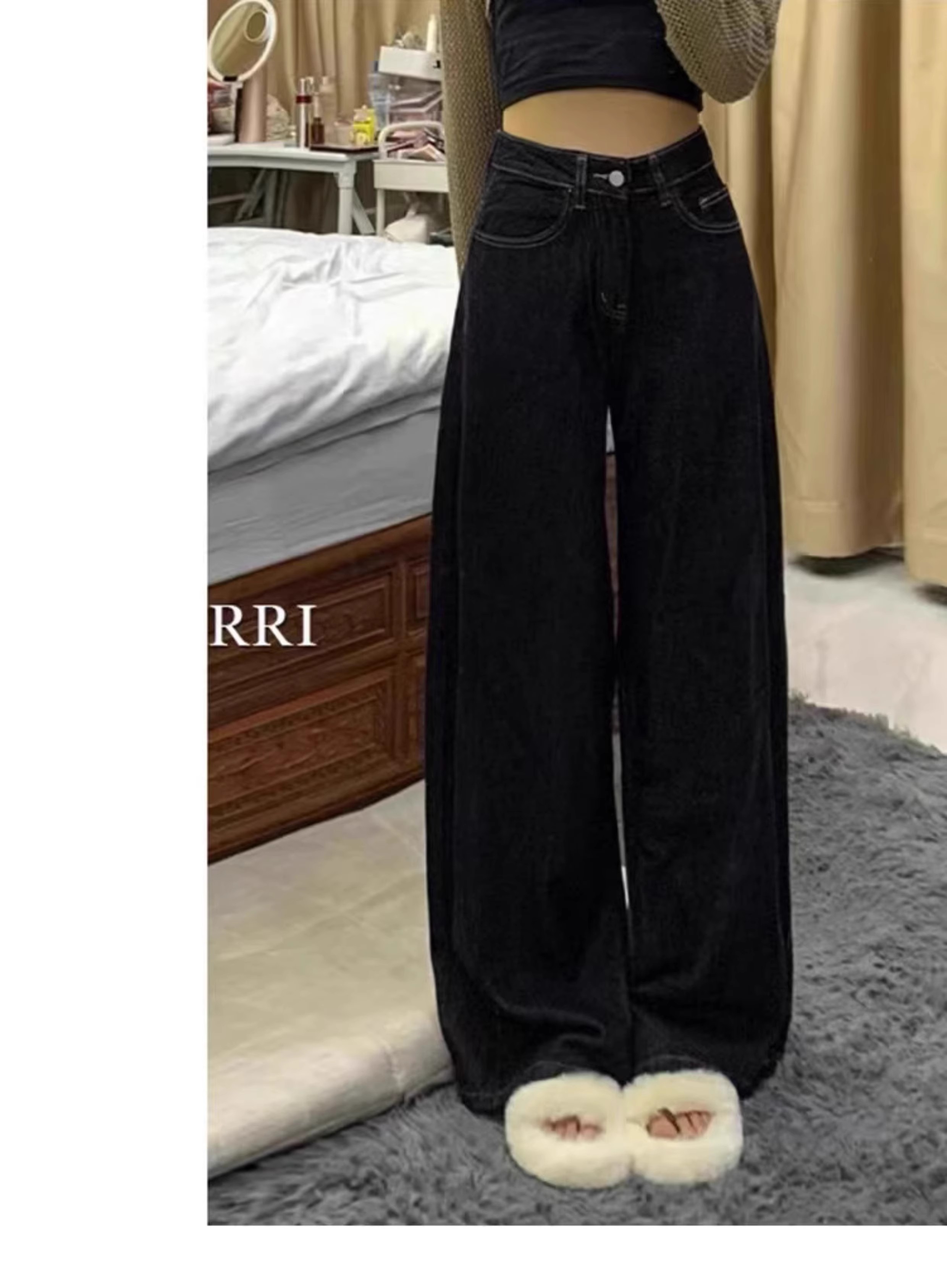 Autumn/Winter Retro High-Waisted Deep Blue Micro-Bellbottom Wide Leg Pants Plus Size Women's Loose Curvy Floor-Length Jeans