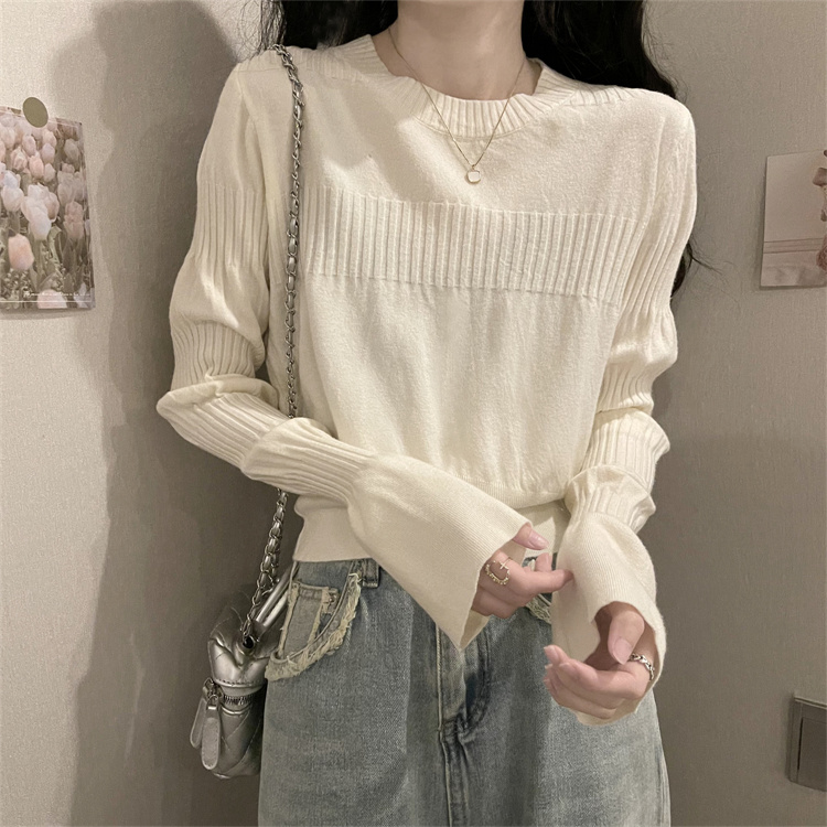 Real shot French long-sleeved knitted undershirt women's autumn fashion short-sleeved early autumn innerwear sweater top 