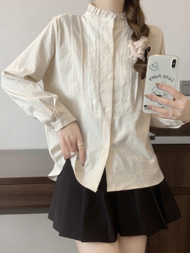 Real shot, original fabric, three standards, 2024 autumn new model, stand-up collar, long-sleeved blouse, fungus top