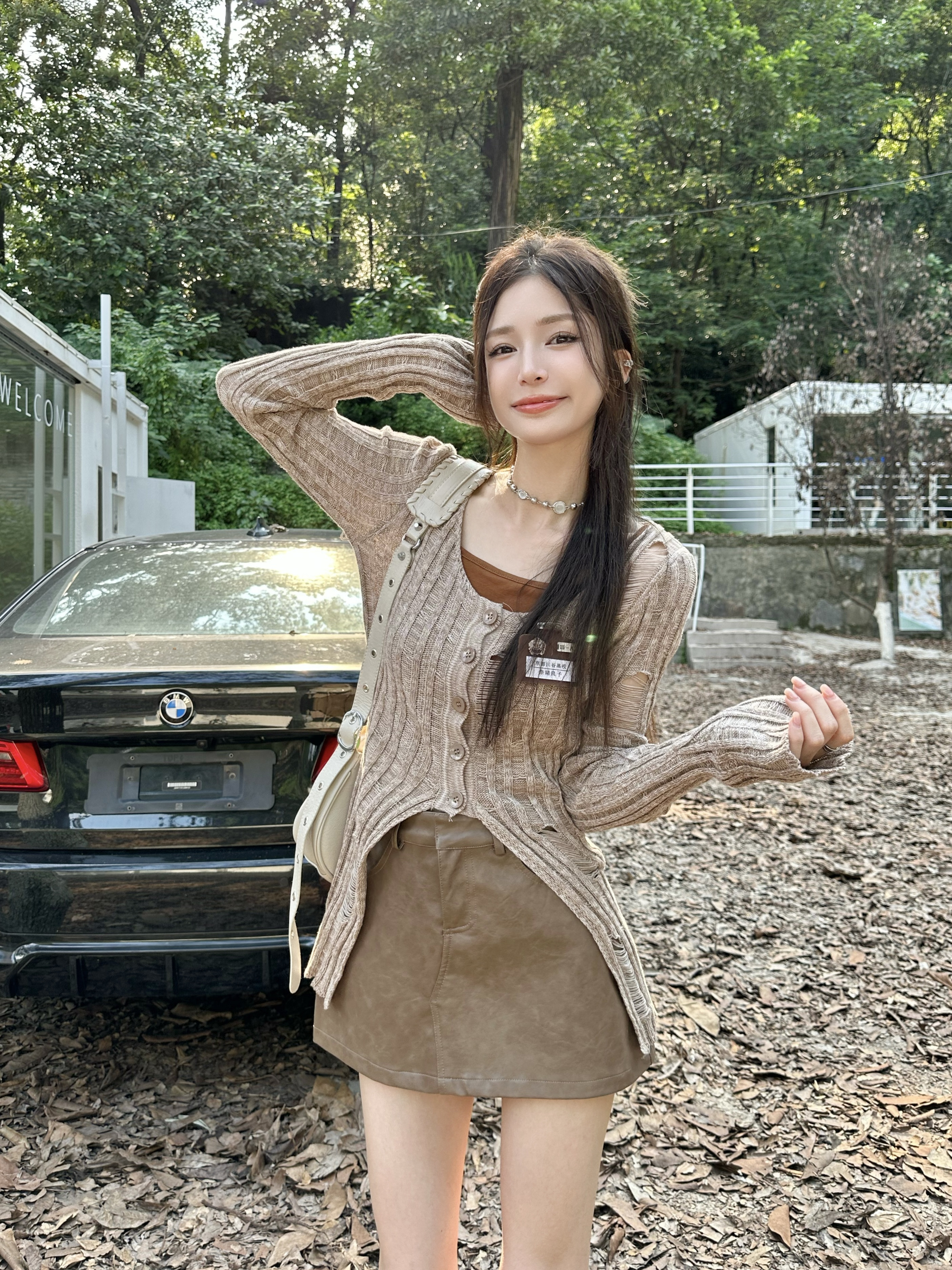Real shot of lace hole knit sweater women's autumn long-sleeved cardigan retro style u-neck waist cinched slimming top 