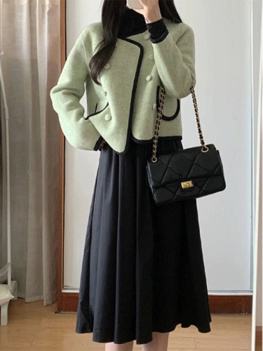 French style green small fragrant jacket for women in autumn and winter thickened woolen small high-end wool jacket