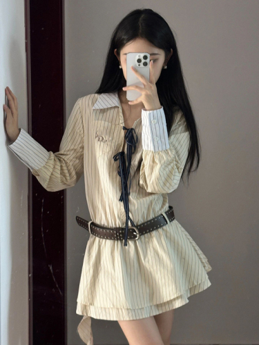 Long-sleeved striped shirt dress for women spring and autumn 2024 new tea style wear fake two-piece short skirt