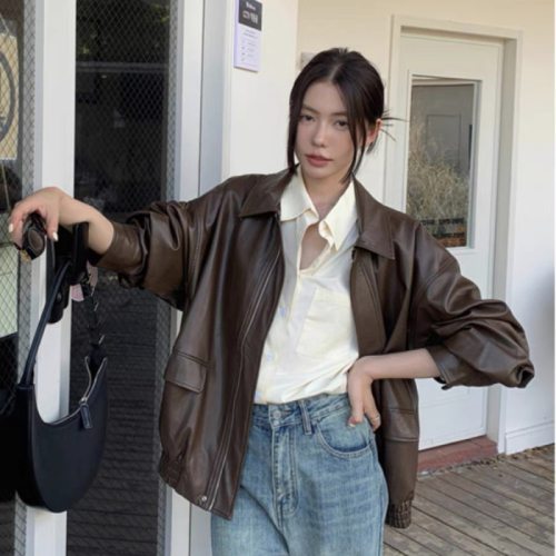 High quality Korean autumn and winter Korean American retro brown motorcycle leather jacket large size coat leather jacket top