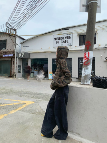 Actual shot ~ American high street retro camouflage hooded casual zipper jacket + loose high-waisted straight floor-length pants