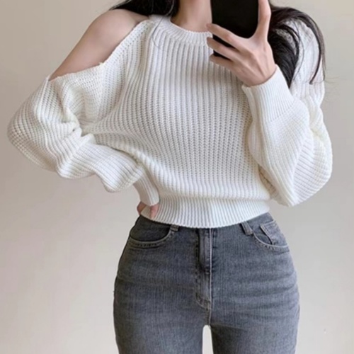 Korean chic autumn gentle and fresh round neck off-shoulder design loose and versatile long-sleeved sweater for women