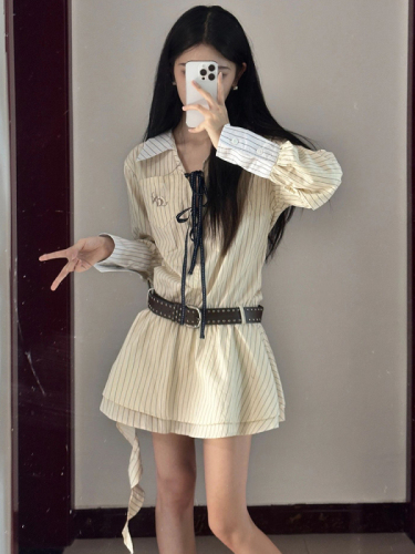 Long-sleeved striped shirt dress for women spring and autumn 2024 new tea style wear fake two-piece short skirt