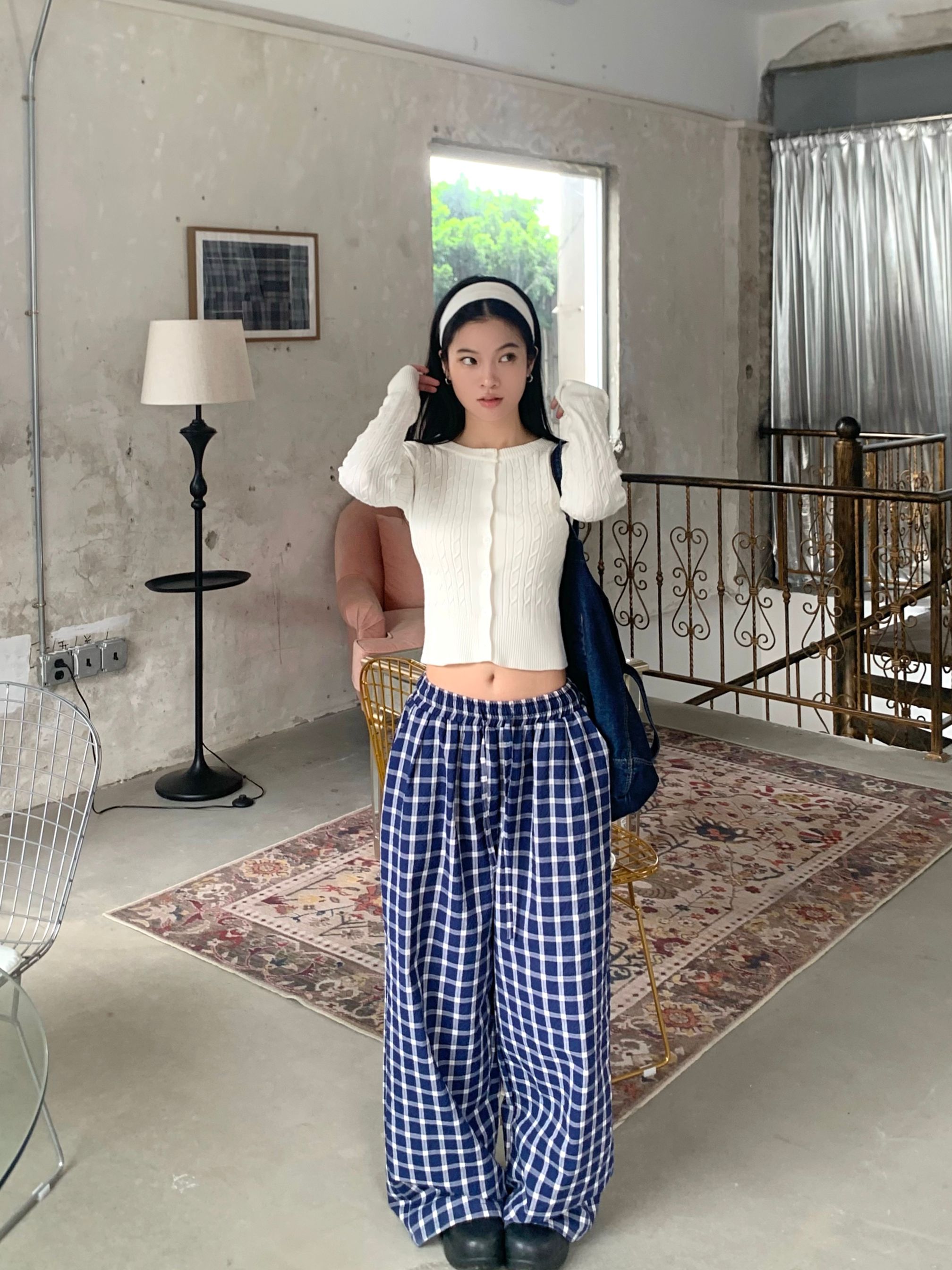 Photographed 2024~ Retro American Cable Knit Cardigan with Navy Blue Wide Leg Striped Pants Floor-Length Pants