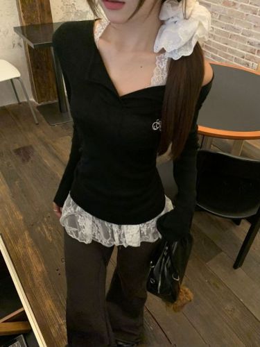 Real shot: Designed black embroidered knitted sweater + white lace halterneck two-piece set