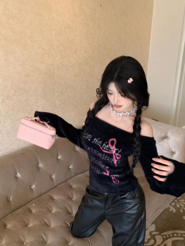 Real shot~Pure wild butterfly soft and waxy imitation mink fur sweater black and pink contrasting color sweet and cool top