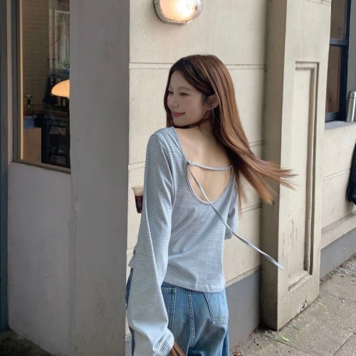 Actual shot of autumn new design casual backless U-neck long-sleeved striped T-shirt top for women