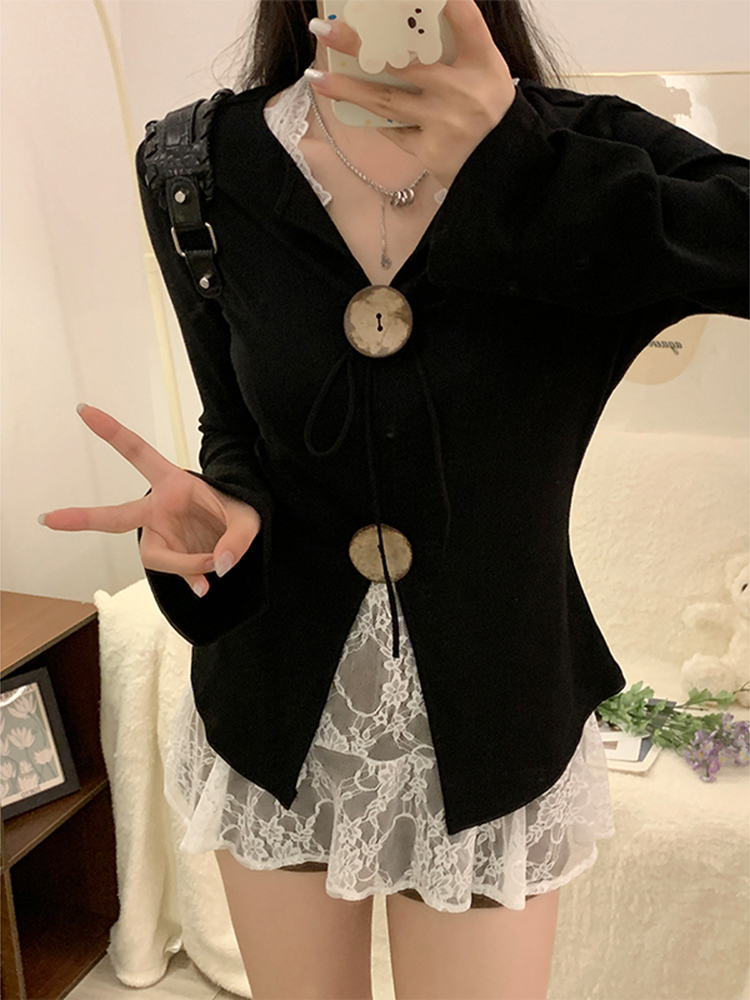 Original fabric + auxiliary material American retro V-neck long-sleeved slimming black elegant shirt with split design 