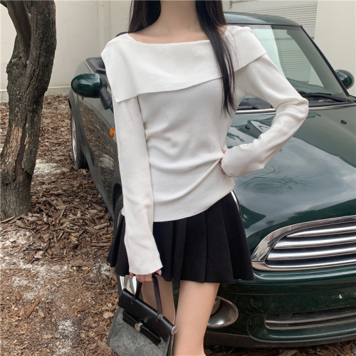 Actual shoot, one-shoulder knit base shirt for women, autumn outfit, irregular inner wear, long-sleeved top