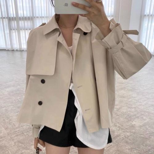 Korean chic autumn French niche lapel design double-breasted loose short long-sleeved workwear windbreaker jacket