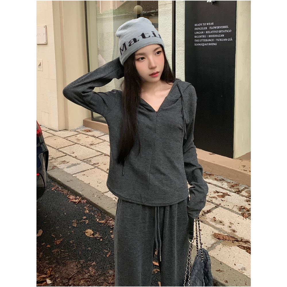 實拍 顯瘦減齡時髦休閒套裝女連帽闊腿褲寬鬆運動服兩件套