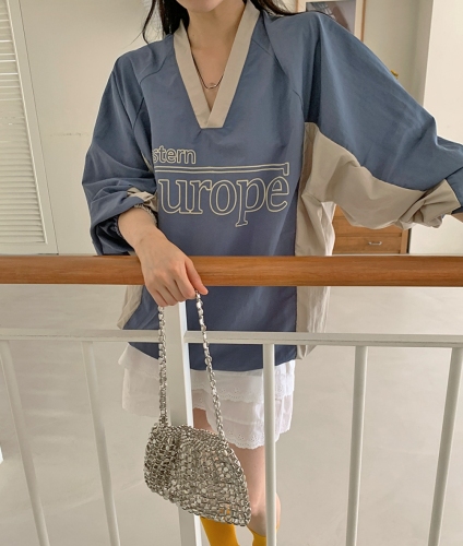 New Autumn Collection ~ Korean Chic Retro Sporty Casual Letter Print Contrast Color V-Neck Loose Nylon Long-Sleeve Top