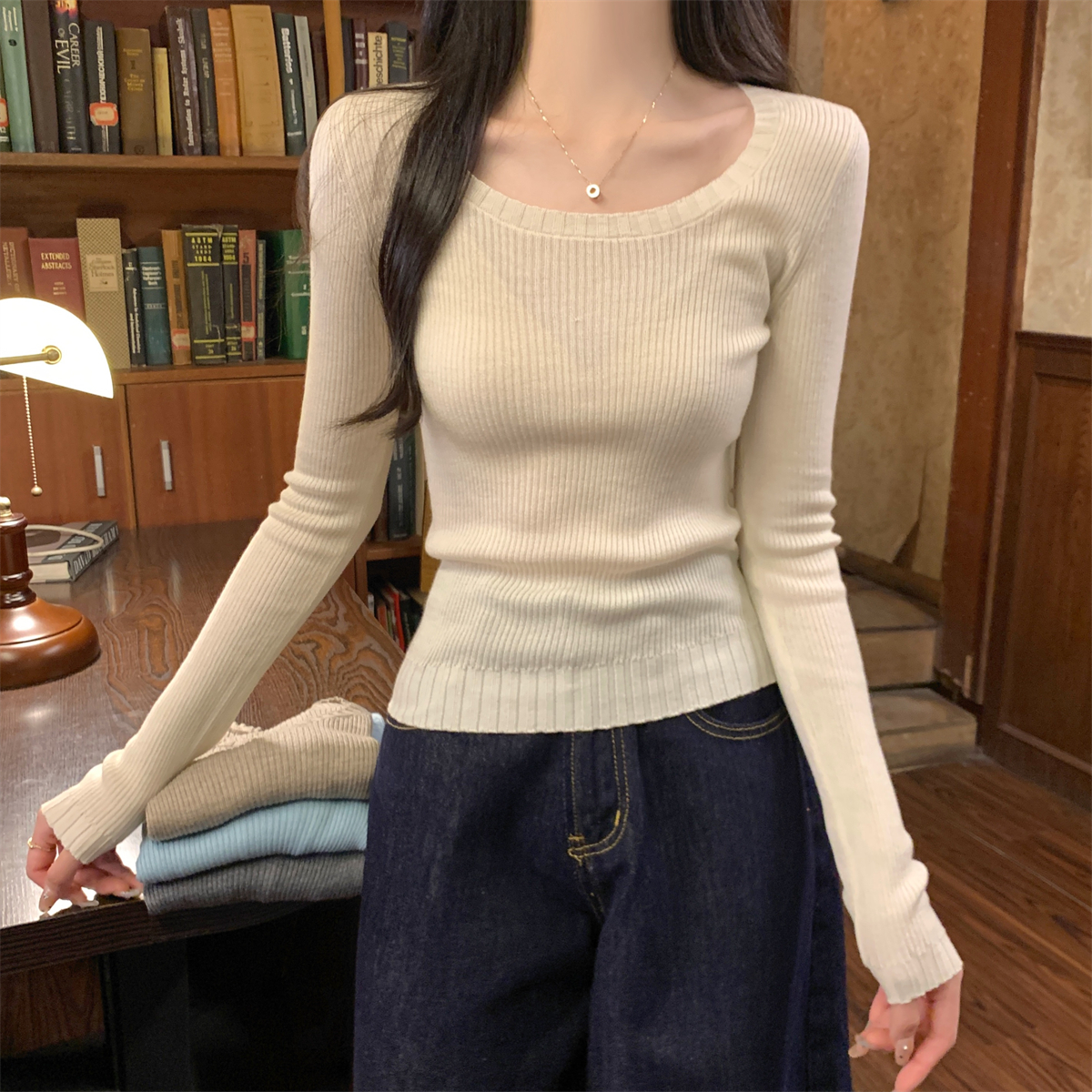 Actual shot of autumn and winter Korean style slim fit and versatile 6 wool knitted bottoming long-sleeved top for women