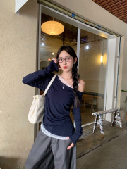 260g cotton lace shoulder strap long sleeve T-shirt women's off-shoulder slimming top 