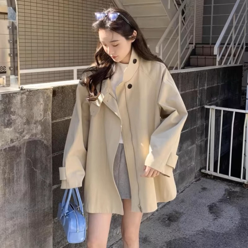 Korean chic autumn new retro British style stand-up collar design niche loose long-sleeved windbreaker jacket for women