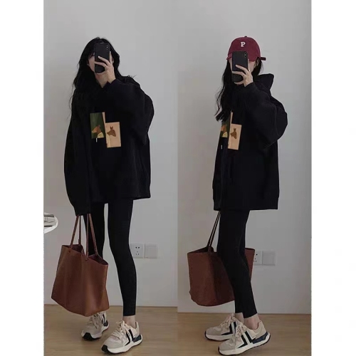 High-quality cotton blend CVC ribbed hooded print sweatshirt for women, regular lined