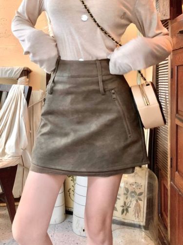 Real shot!  !  American brown skirt autumn high waist a line hot girl pu leather short skirt hip skirt