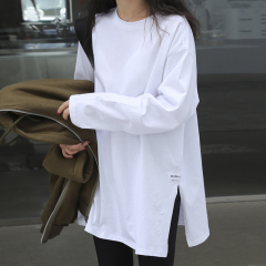 Stylish Small Shirt Autumn New Women's Korean Style Plain Color Split Long Sleeve T-Shirt Women's Top