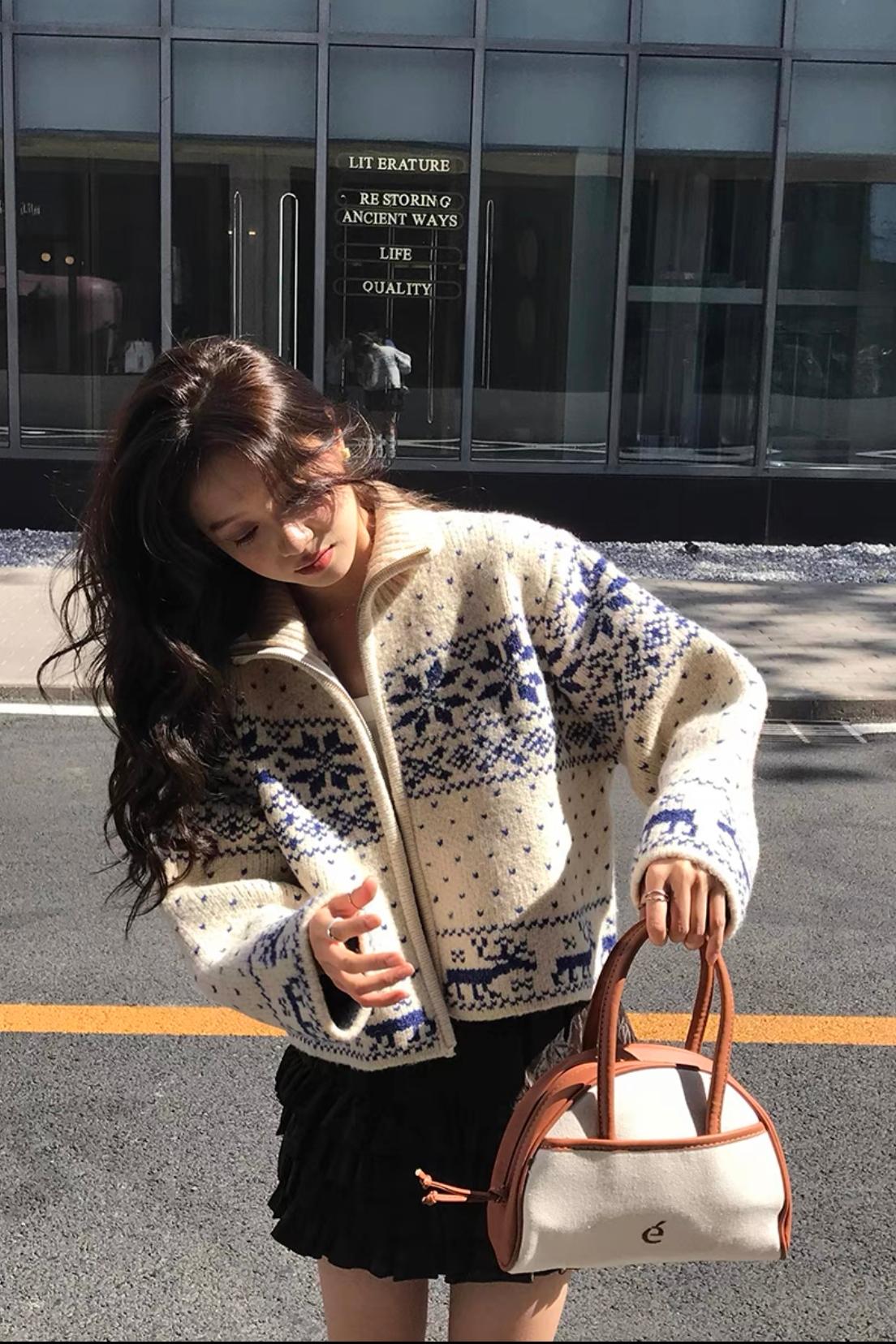 馨幫幫 日系古着感重工立領拉鏈針織開衫雪花刺繡毛衣外套女秋冬