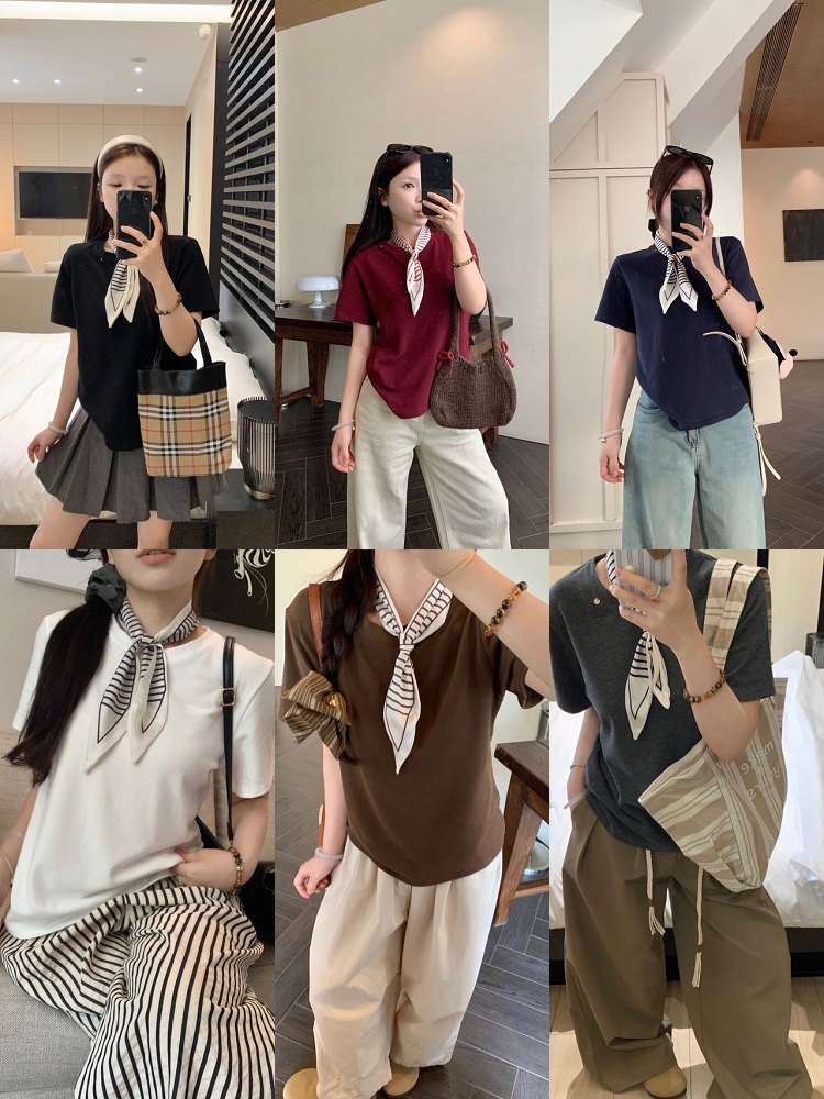 Photographed round neck fuzzy versatile short-sleeved T-shirt autumn loose shell button with silk scarf base shirt