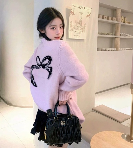 2024 Korea Dongdaemun GLYP internet celebrity style knitted V-neck back bow jacquard sweater