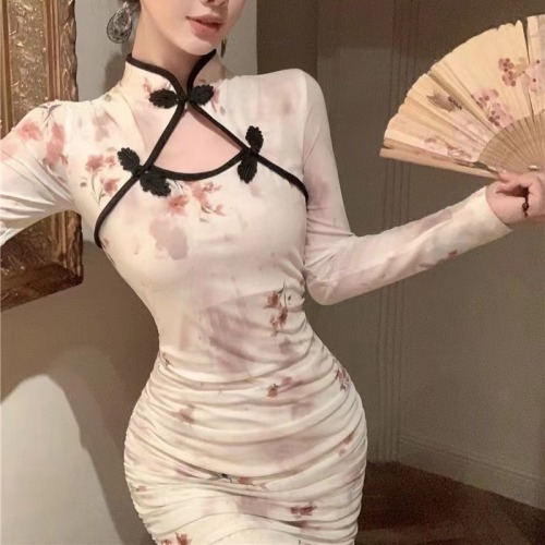 Modern Chinese style national wind print improved cheongsam short skirt for children summer pleated waist cinching slimming temperament long sleeve dress