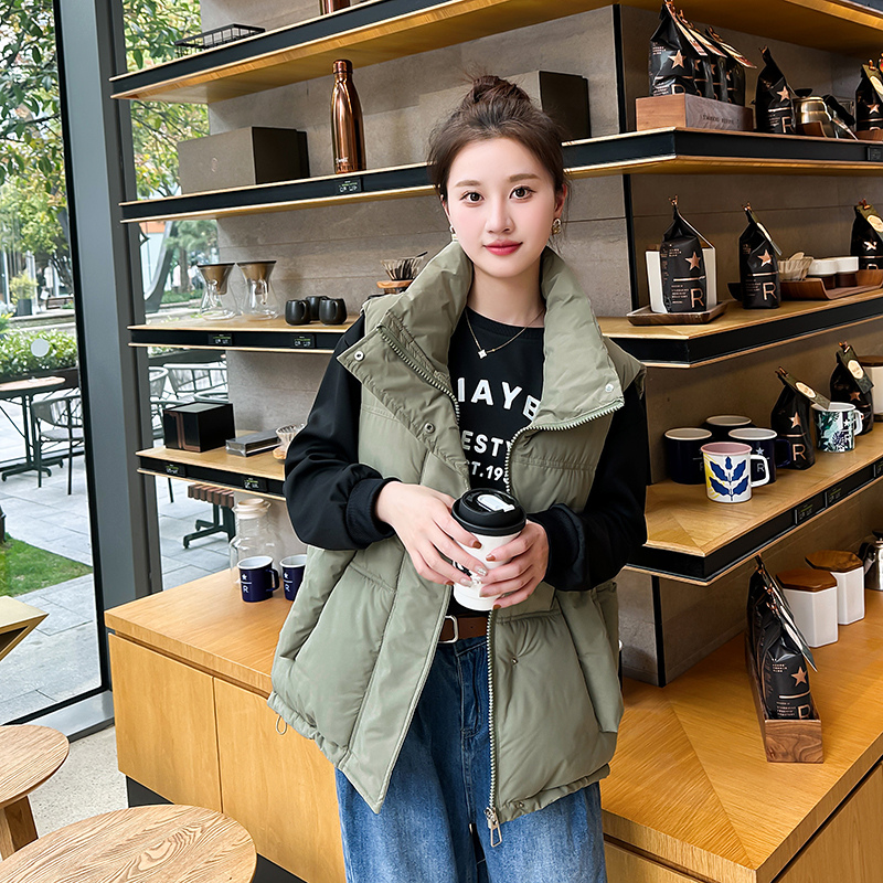 實拍外貿短款羽棉服馬甲女2024新款立領小個子外搭背心拼接皮外