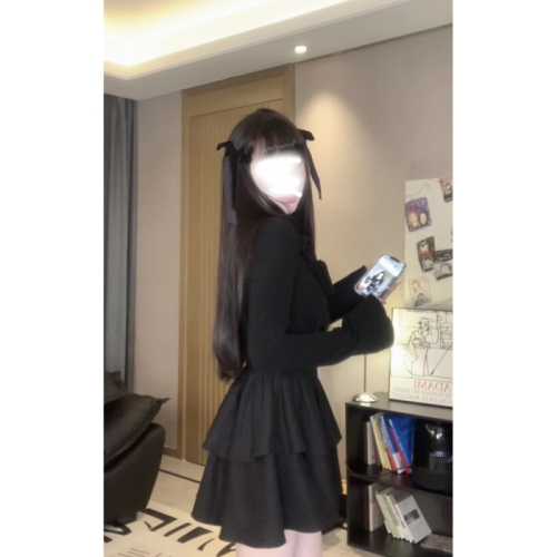 财阀小姐~古堡千金 法式少女甜美收腰蓬蓬连衣裙黑色短款裙子秋冬