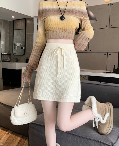 Actual shot of 2024 autumn and winter new plaid knitted skirt high-waisted A-line drawstring elastic waist woolen skirt