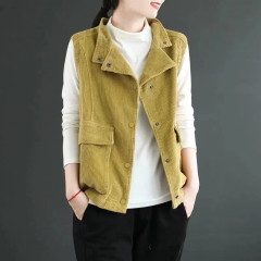 Double-layer corduroy open jacket vest for women, spring and autumn Korean version retro versatile cotton jacket sleeveless backless vest top