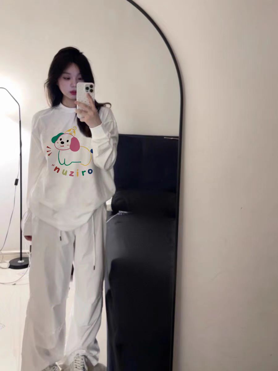純棉個性印花長袖T恤女白色撞色簡約內搭高級感打底上衣