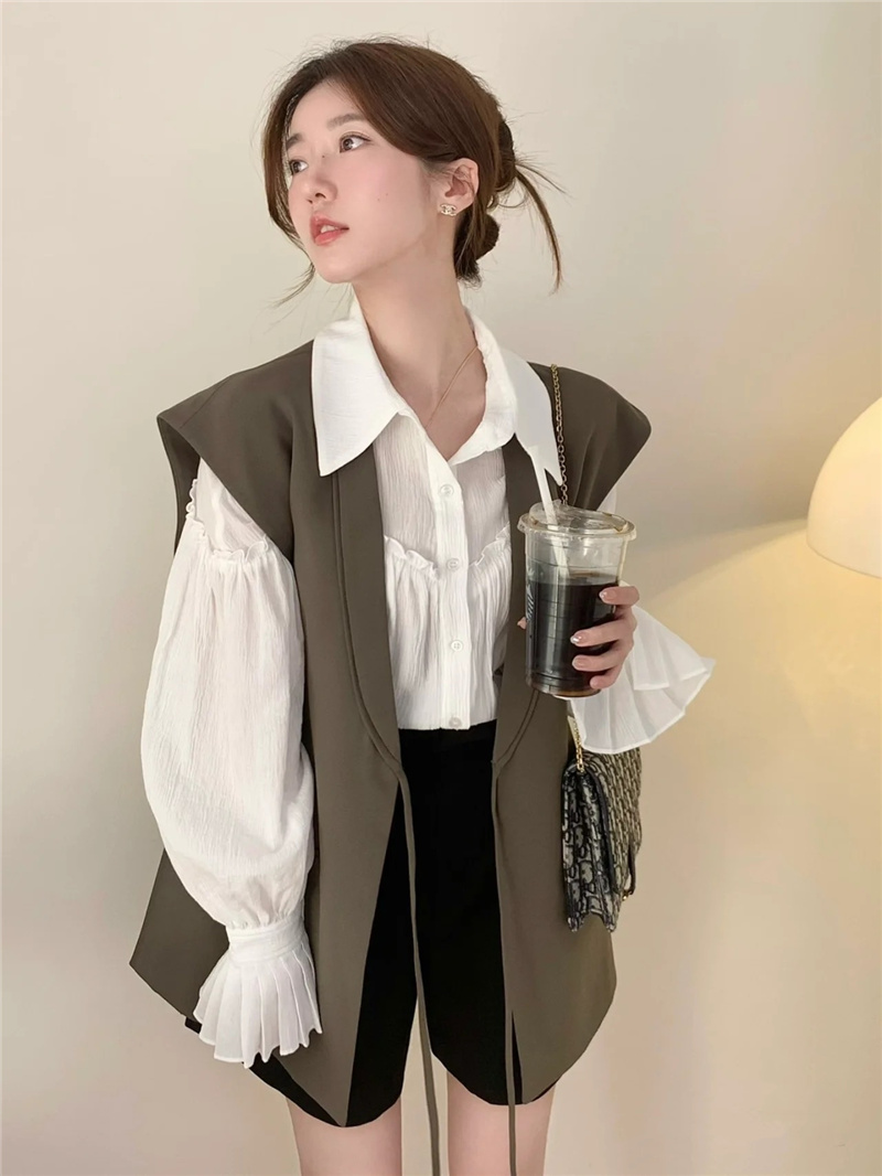 Bell Sleeve French Shirt Loose Earflap Top Layering Sleeveless Tie Waist Vest Real Shot 