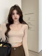 Photographed Autumn Hot Girl Style U-Neck Fitted Elastic Ribbed Cotton Short-Sleeve Long-Sleeve Top Sexy Nipple-Baring Base Shirt