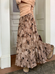 Actual shot ~ 2024 new autumn Korean style pleated long skirt with ink flower slimming big swing skirt fairy skirt