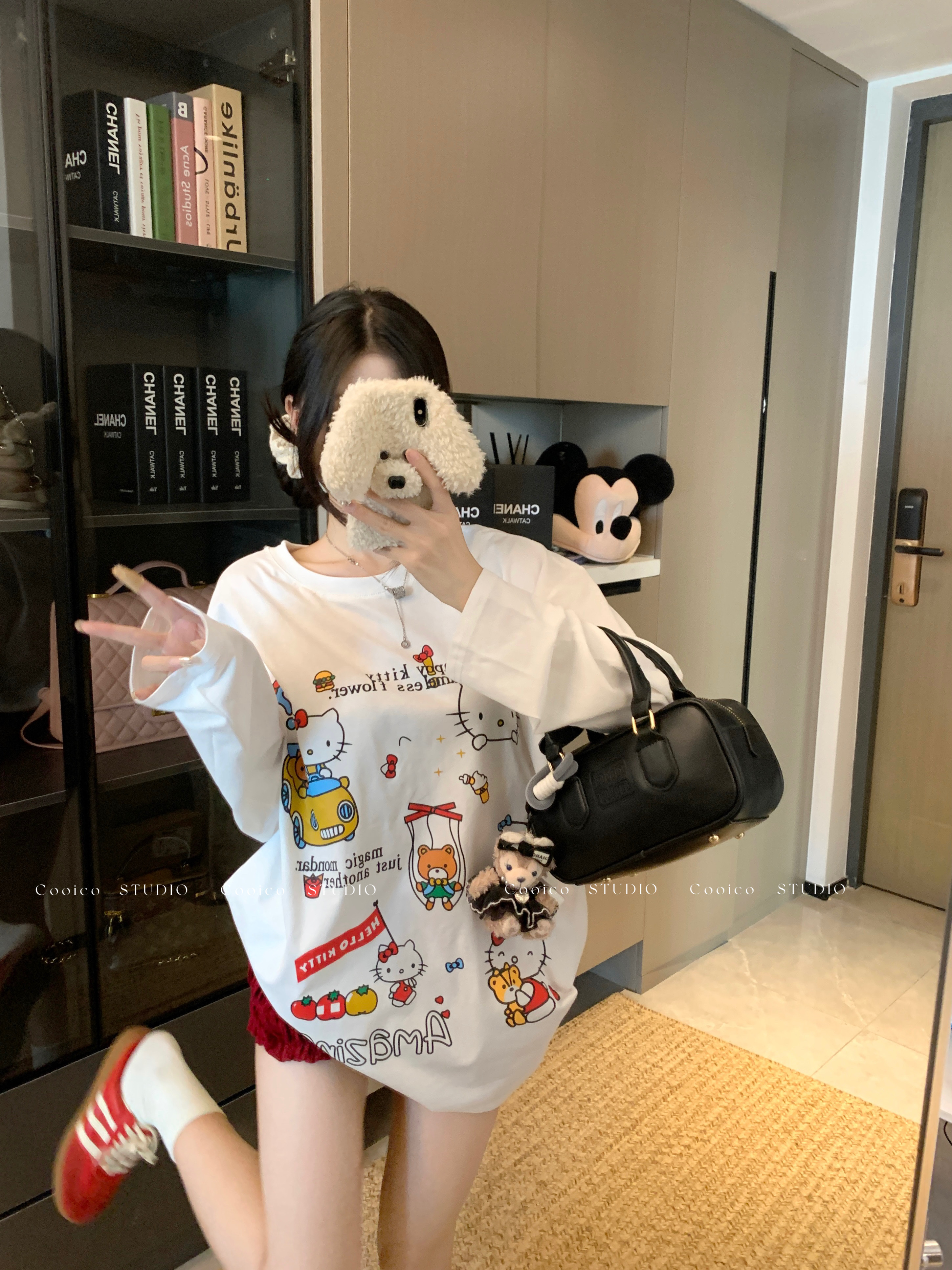 實拍可愛Kitty甜美印花圓領長袖T恤女秋薄款寬鬆字母套頭上衣