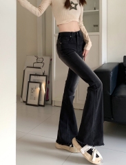 實拍#微喇牛仔褲女彈力高腰黑色水洗腳口毛邊長褲子