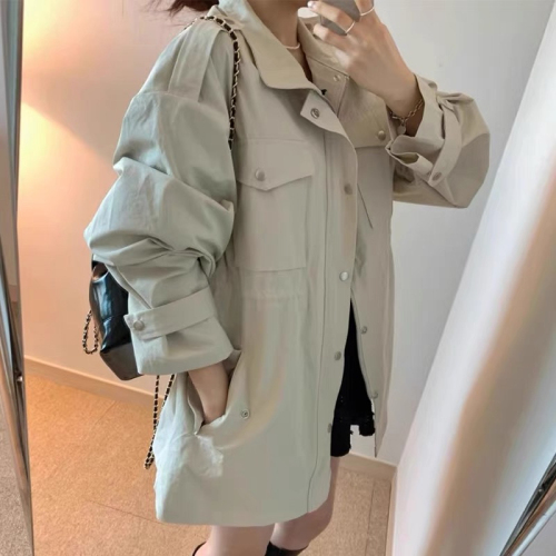 Korean chic autumn retro temperament lapel zipper hidden button pleated waist slimming versatile windbreaker jacket for women