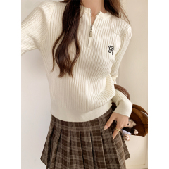 Photographed Sweet Half-Open Collar Zipper Long-Sleeve Trend Brand T-Shirt for Women Early Autumn Slimming Waist Short-Sleeve Top