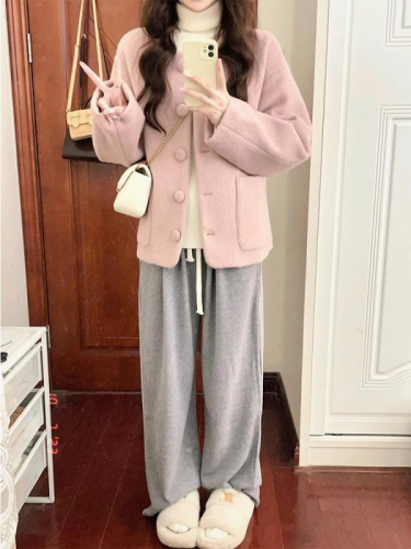 Korean style simple casual versatile pink coat autumn and winter new style lazy style gentle temperament niche tops for women