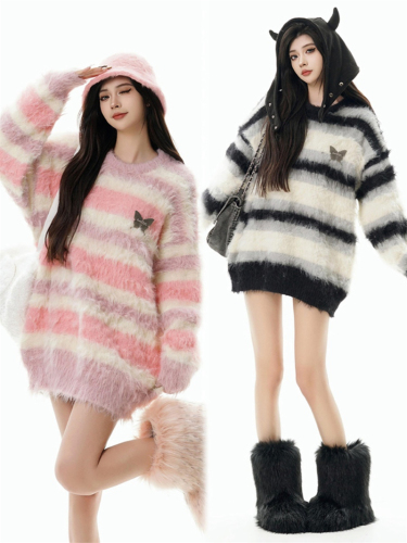 Women's American Striped Knit Sweater - Autumn/Winter New Arrival Exquisite Outerwear with Mink Fur - Relaxed Knitwear Style