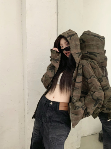 Actual shot ~ American high street retro camouflage hooded casual zipper jacket + loose high-waisted straight floor-length pants