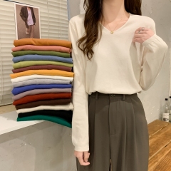 Actual shot of autumn and winter Korean version with v-neck basic versatile knitted bottoming shirt loose sweater for women