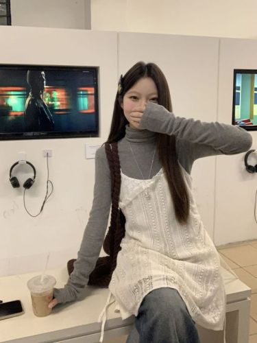 Actual shot of three standard kid's casual suit with lace design suspender skirt + long sleeves, high collar and inner T